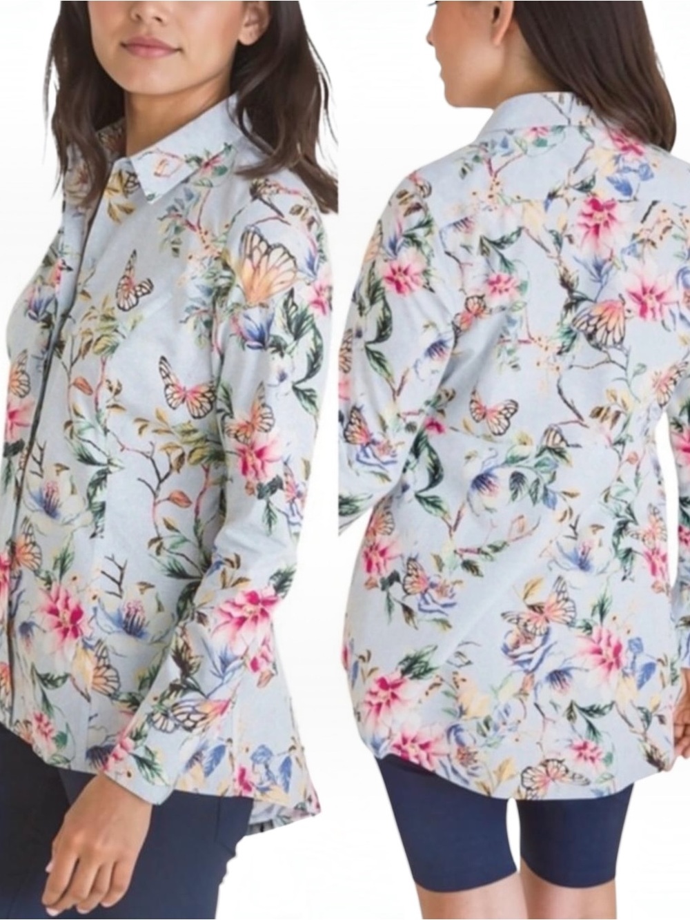Chico's Blue Floral & Butterfly Button-Down High Low No Iron Shirt Size 1 Med